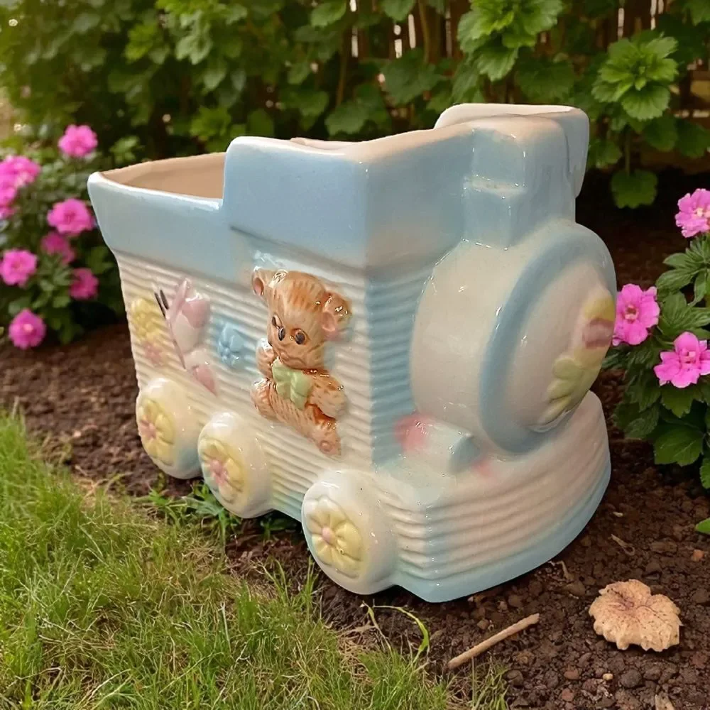 Vintage Baby Planter Decor Vase Ceramic Train Bear Butterfly‎ Colorful Large MCM